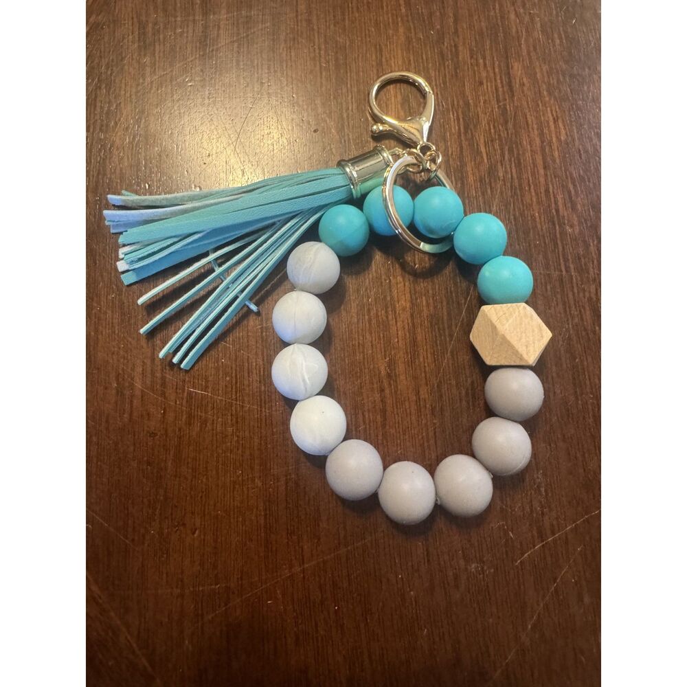 Handmade Elastic Bangle Bracelet Wristlet Keychain Teal and Gray NEW